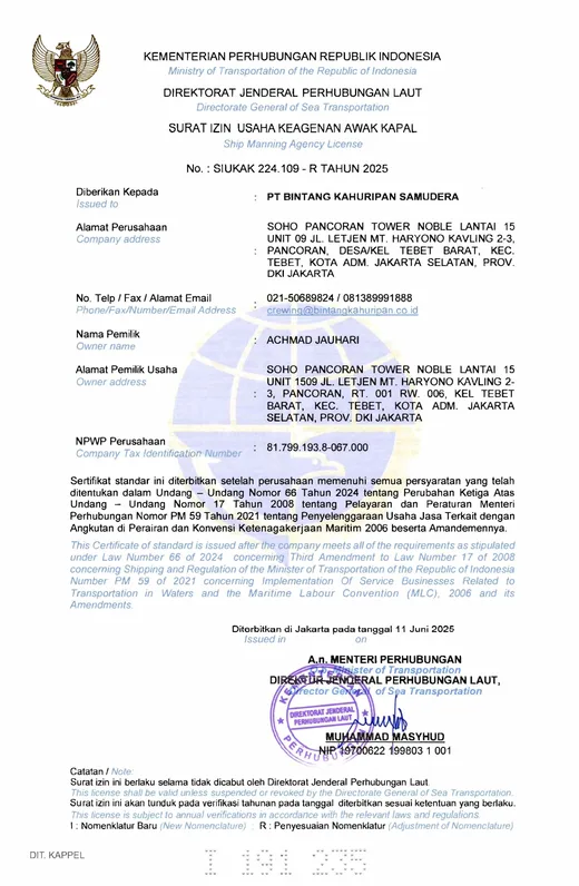 Ship Manning Agency License (SIUKAK) – Ministry of Transportation of the Republic of Indonesia